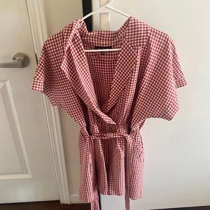 Red gingham belted wide collar romper
